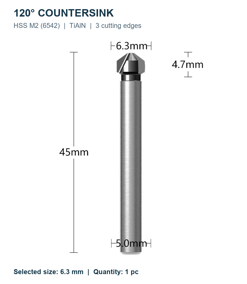 Зенковки 120° HSS M2 TiAlN, Ø6,3–60 мм, 1/3 кромки