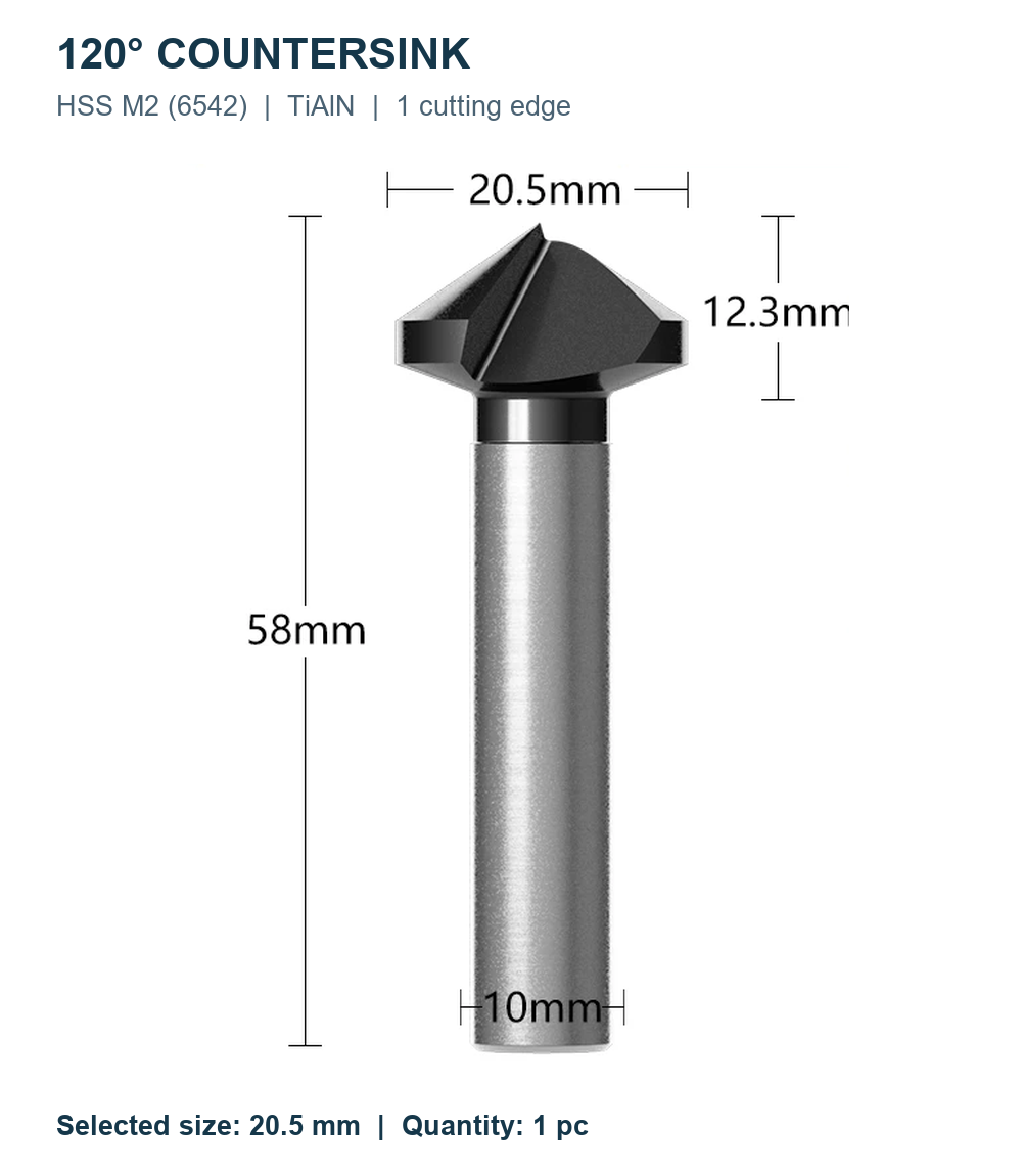 Зенковки 120° HSS M2 TiAlN, Ø6,3–60 мм, 1/3 кромки