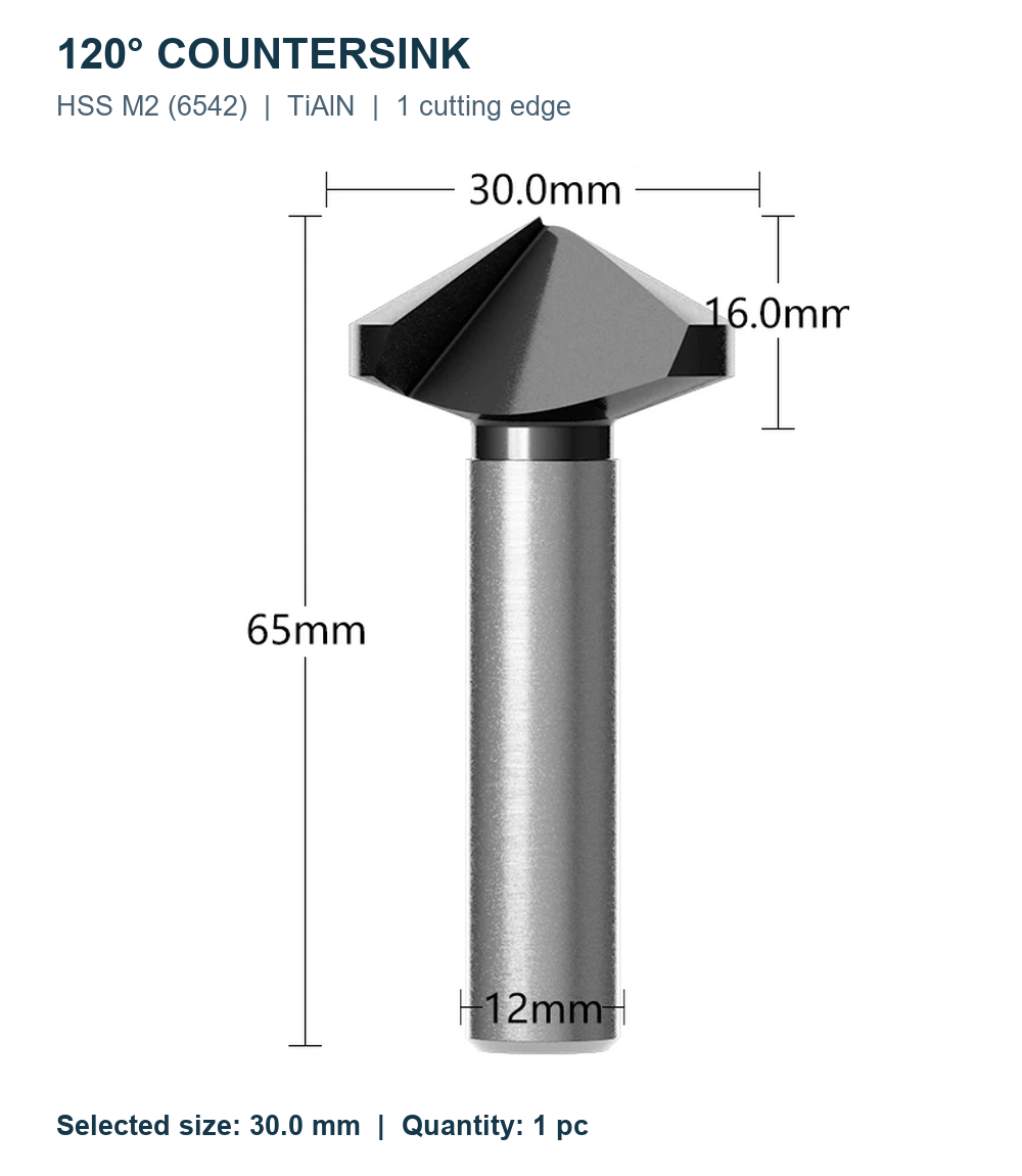 Зенковки 120° HSS M2 TiAlN, Ø6,3–60 мм, 1/3 кромки