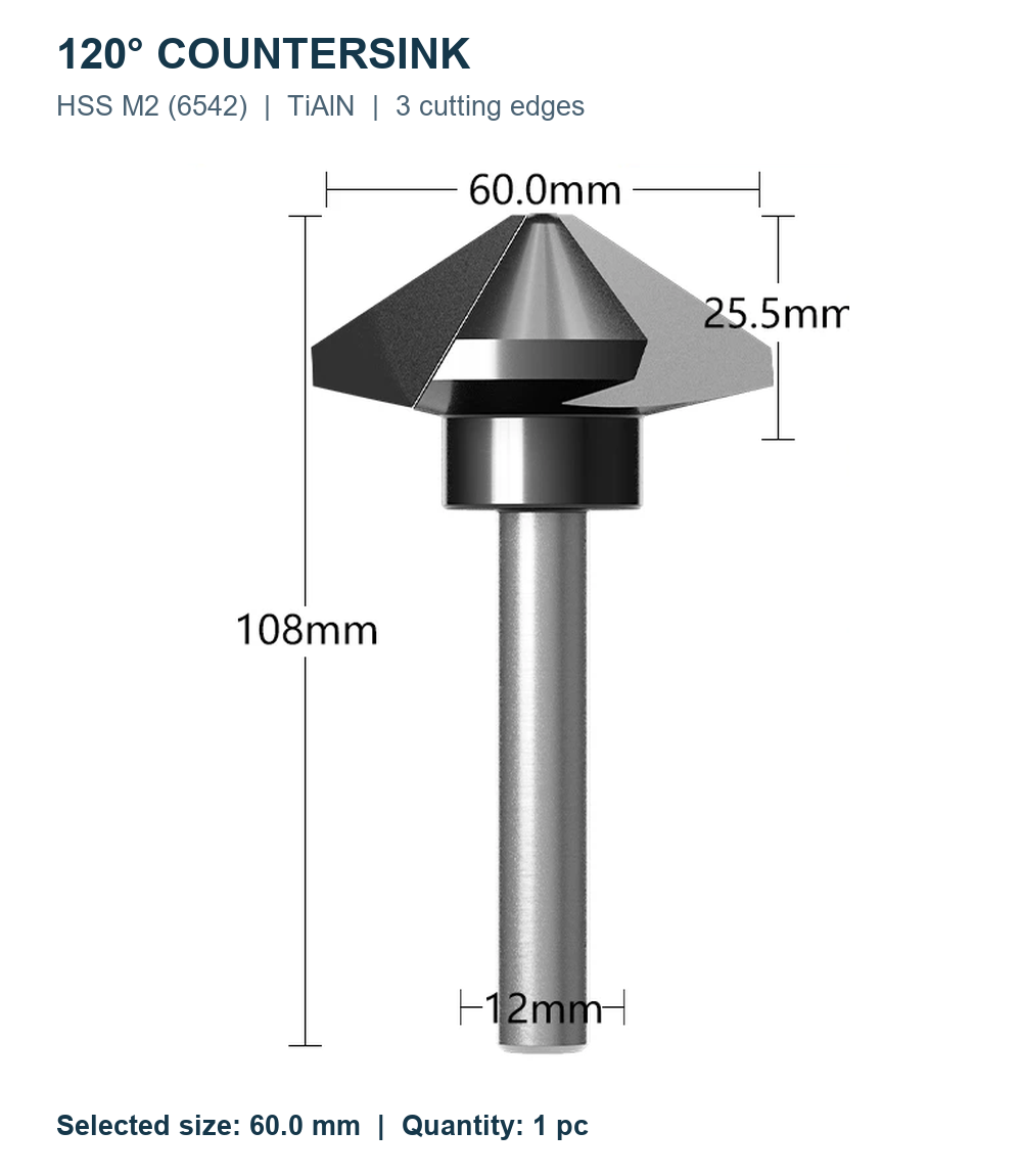 Зенковки 120° HSS M2 TiAlN, Ø6,3–60 мм, 1/3 кромки