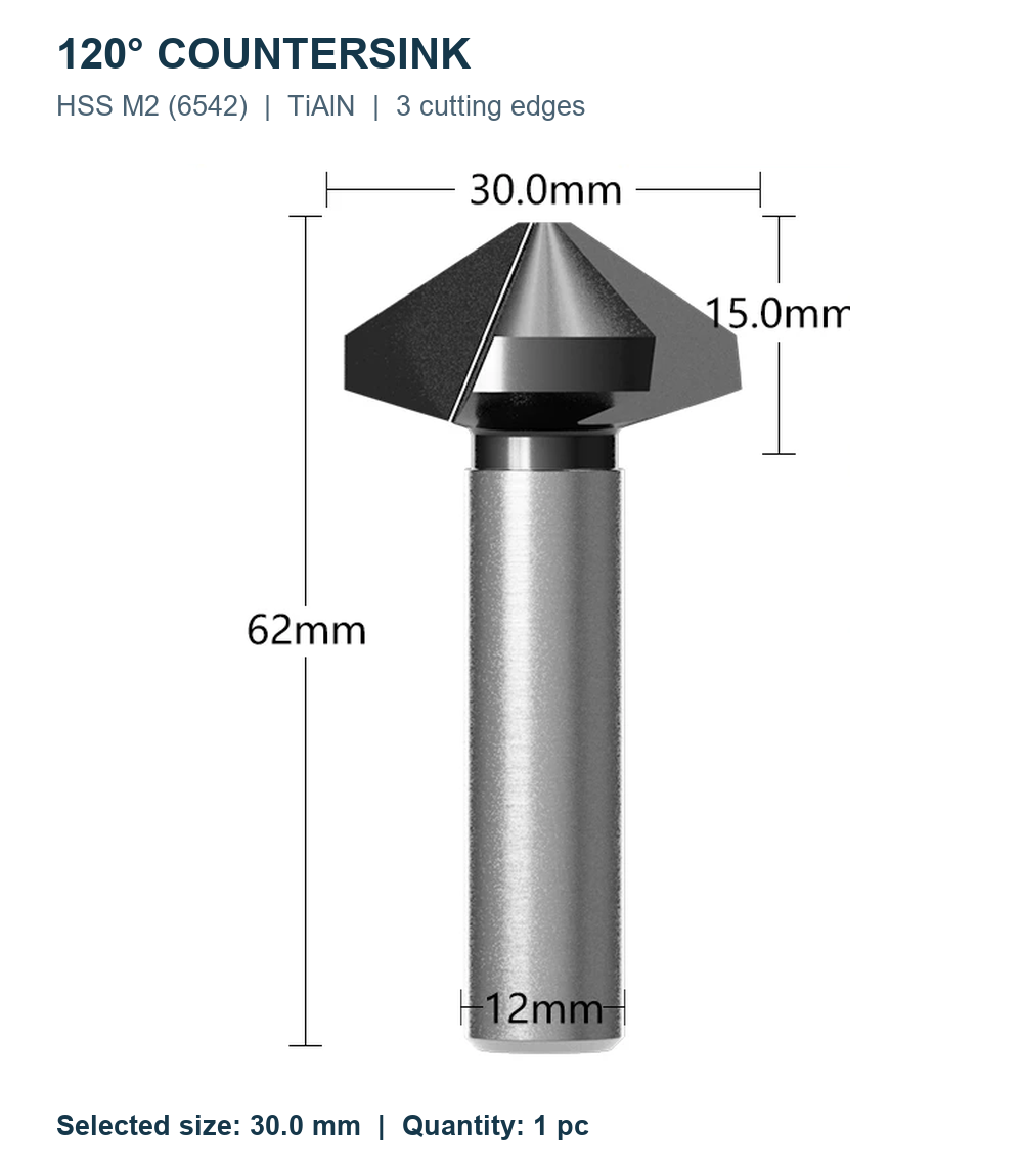 Зенковки 120° HSS M2 TiAlN, Ø6,3–60 мм, 1/3 кромки