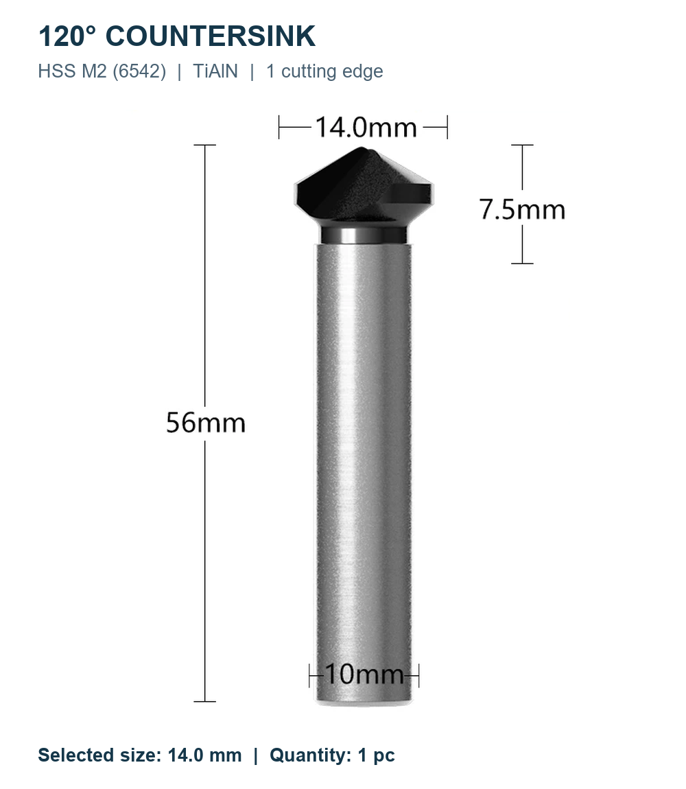 Зенковки 120° HSS M2 TiAlN, Ø6,3–60 мм, 1/3 кромки
