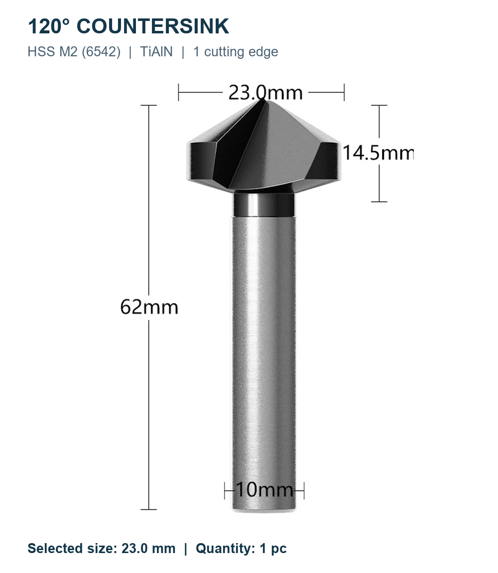 Зенковки 120° HSS M2 TiAlN, Ø6,3–60 мм, 1/3 кромки