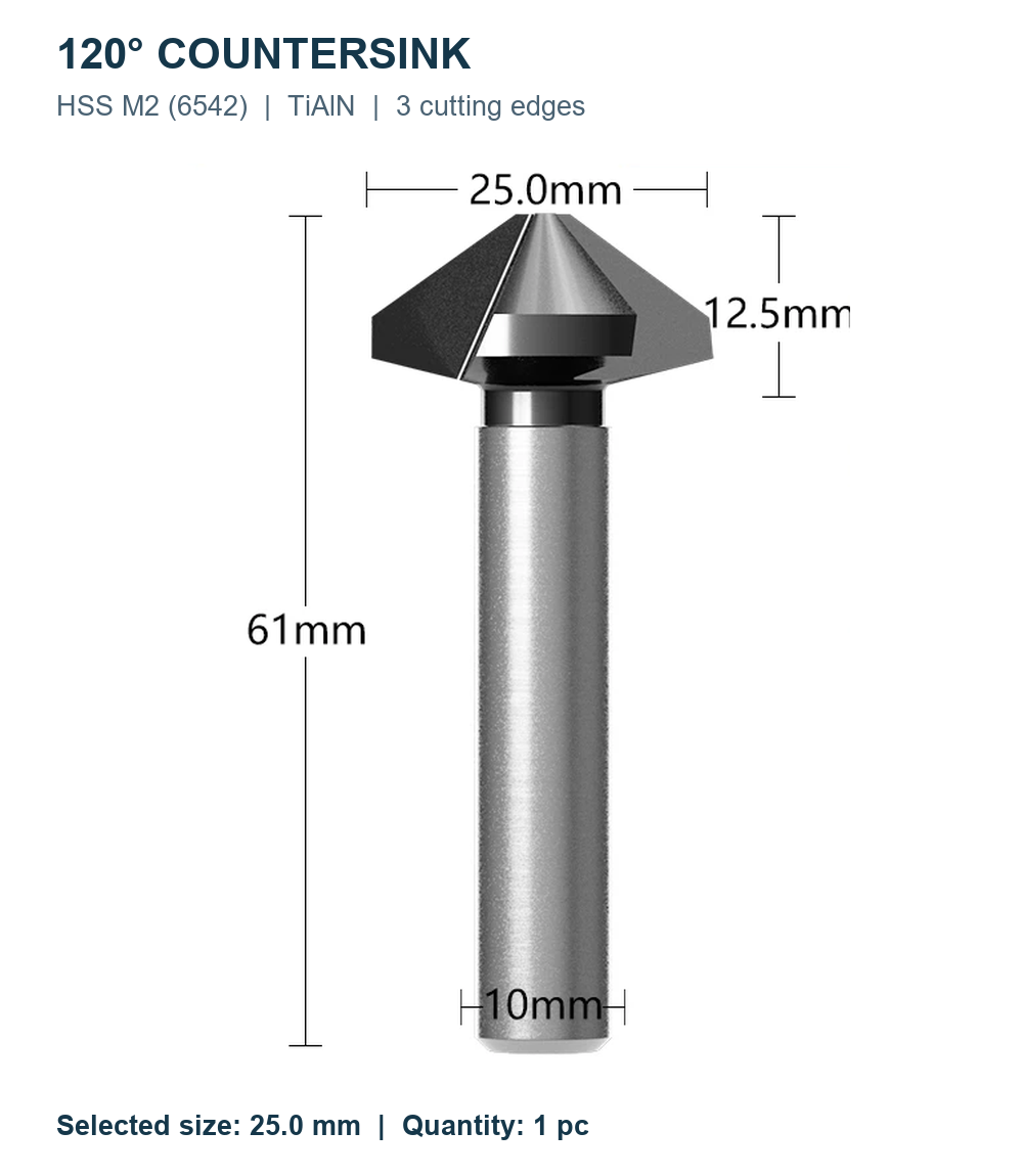 Зенковки 120° HSS M2 TiAlN, Ø6,3–60 мм, 1/3 кромки