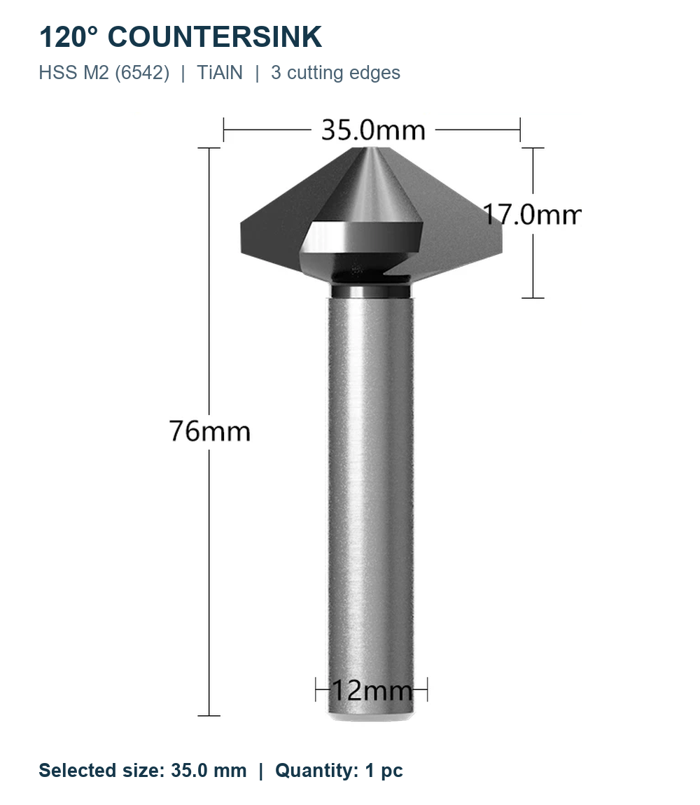 Зенковки 120° HSS M2 TiAlN, Ø6,3–60 мм, 1/3 кромки