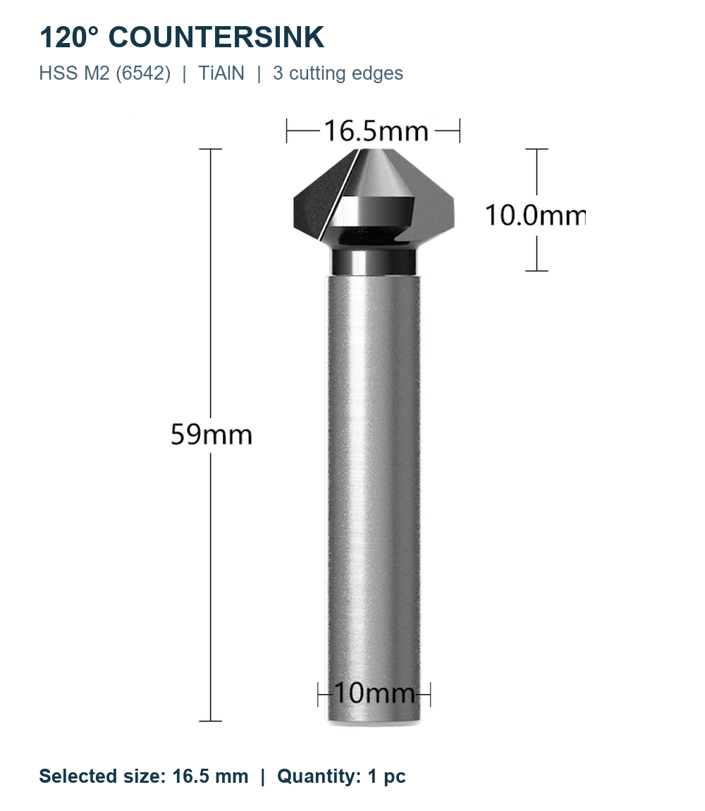Зенковки 120° HSS M2 TiAlN, Ø6,3–60 мм, 1/3 кромки