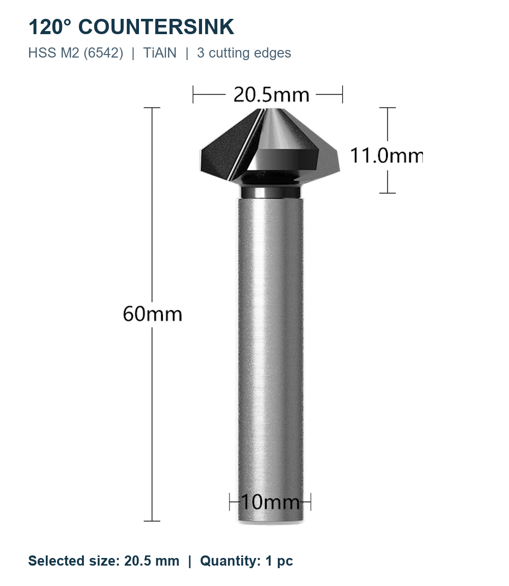 Зенковки 120° HSS M2 TiAlN, Ø6,3–60 мм, 1/3 кромки
