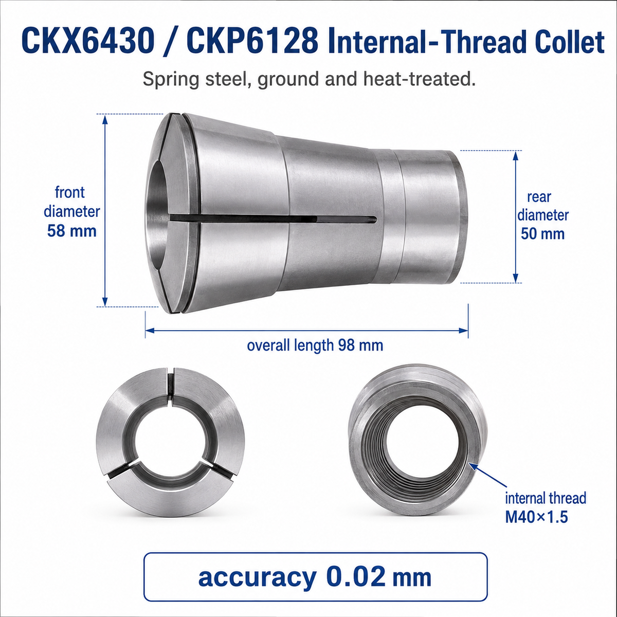 Цанга для токарного верстата CKX6430, CKP6128 з внутрішньою різьбою — 3 затискні сектори, довжина 98 мм, Ø58/Ø50 мм, внутрішня різьба M40×1.5, точність 0.02 мм