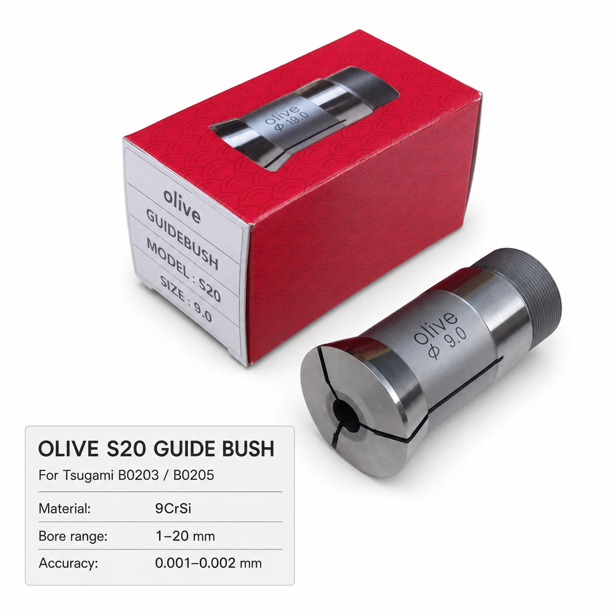 Напрямна втулка Olive S20 для Tsugami B0203 / B0205 — Сталь 9CrSi, діапазон отворів 1–20 мм, точність 0,001–0,002 мм; на фото Ø12 мм