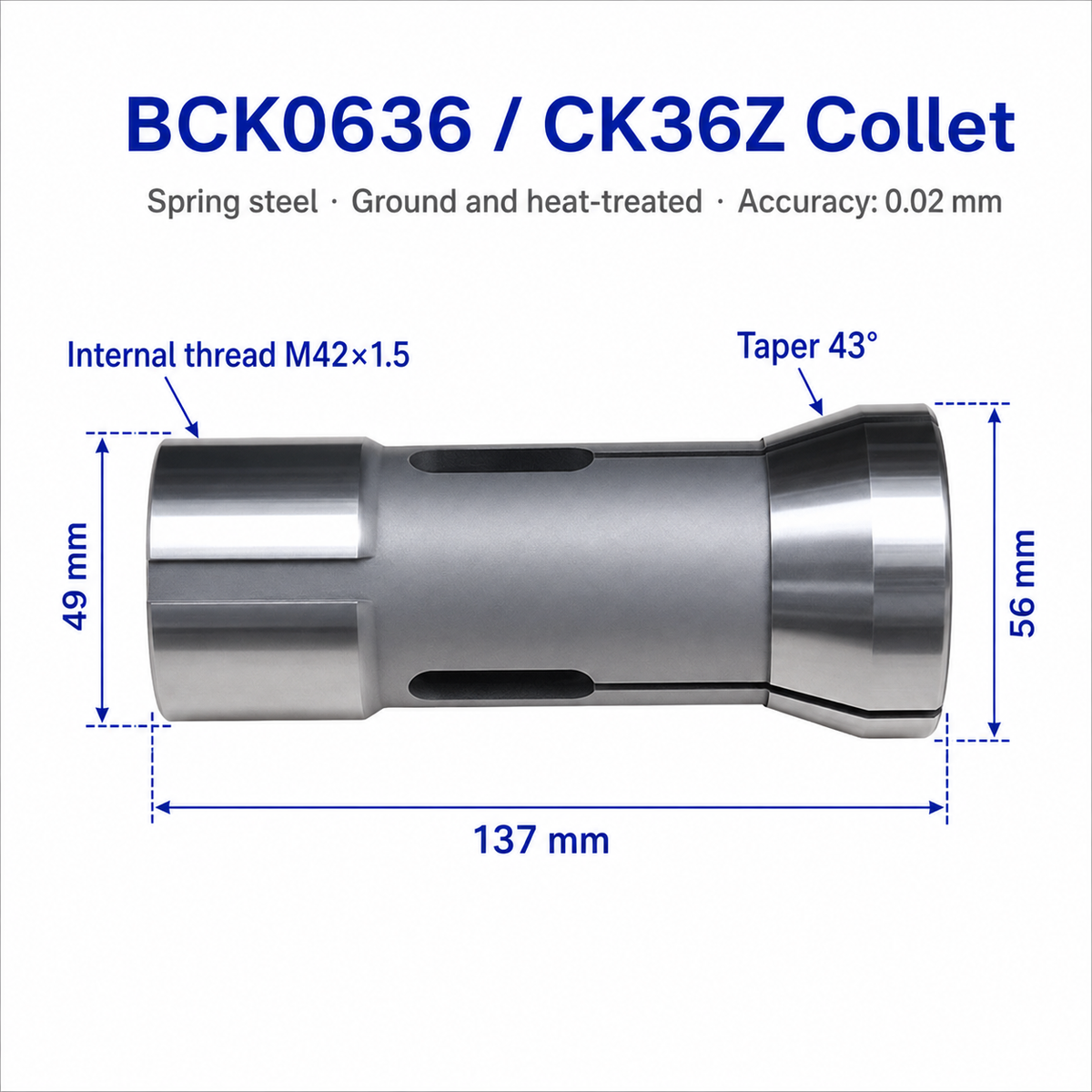 Цанга для токарного верстата BCK0636, CK36Z, 620, 625 — 3 затискні сектори, довжина 137 мм, Ø49/Ø56 мм, внутрішня різьба M42×1.5, конус 43°, точність 0.02 мм