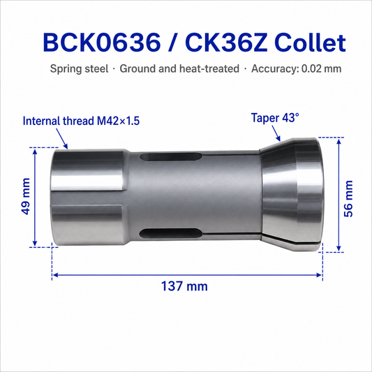 Цанга для токарного верстата BCK0636, CK36Z, 620, 625 — 3 затискні сектори, довжина 137 мм, Ø49/Ø56 мм, внутрішня різьба M42×1.5, конус 43°, точність 0.02 мм