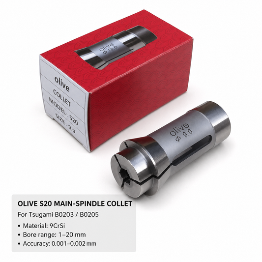 Шпиндельна цанга Olive S20 для Tsugami B0203 / B0205 — Сталь 9CrSi, діапазон отворів 1–20 мм, точність 0,001–0,002 мм; на фото Ø9 мм