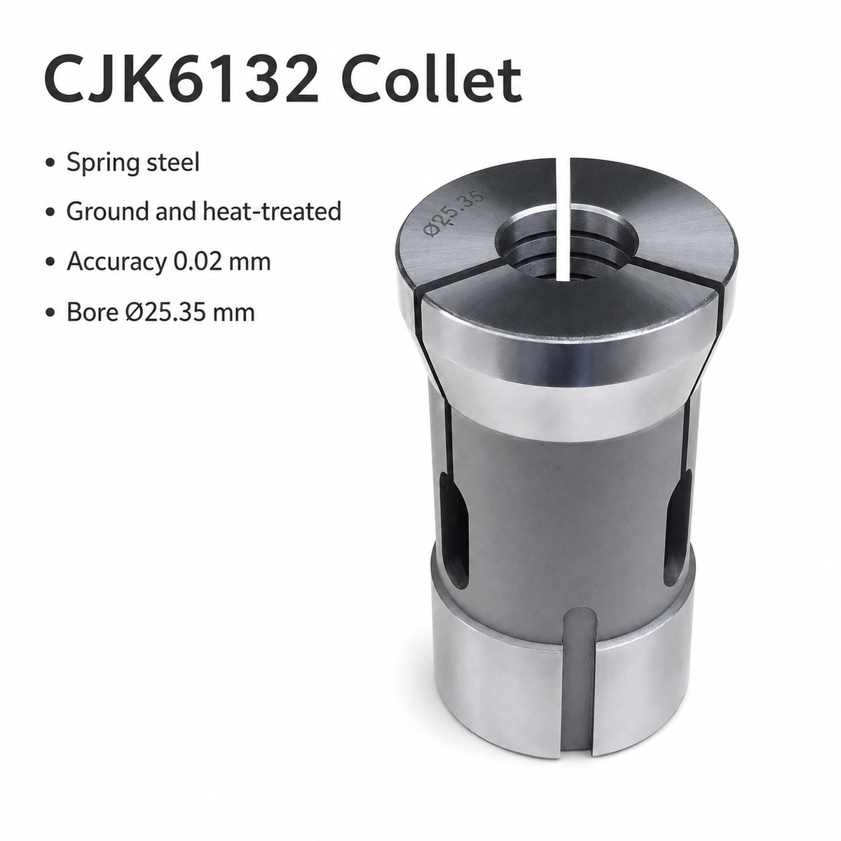 Цанга для токарного верстата CJK6132, 620, 625, 635 — 3 затискні сектори, отвір Ø25.35 мм, довжина 110 мм, Ø64/Ø56 мм, внутрішня різьба M47×1.5, точність 0.02 мм