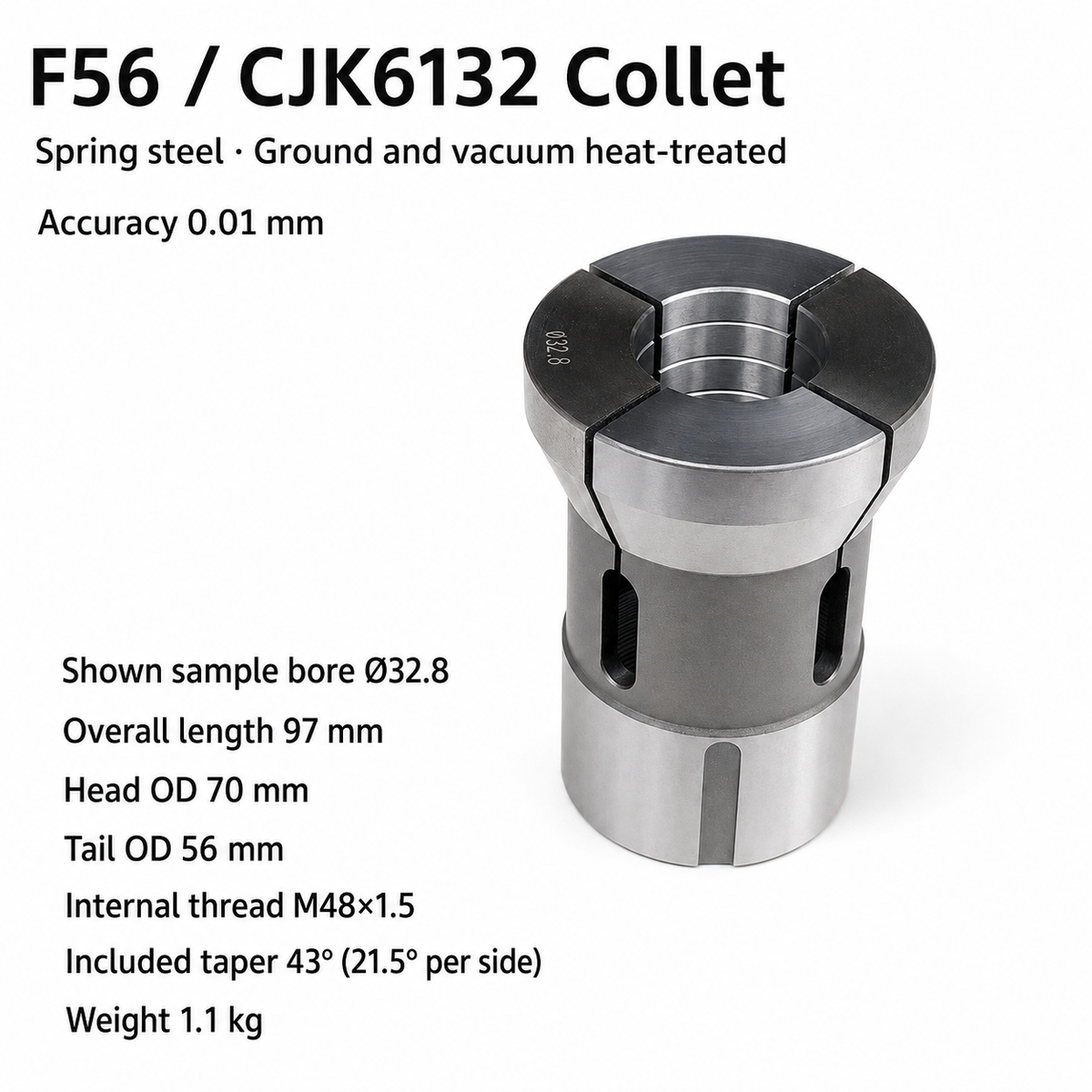 Цанга для токарного верстата F56, 1-25.8, CJK6132 — 3 затискні сектори, довжина 97 мм, Ø70/Ø56 мм, внутрішня різьба M48×1.5, повний кут конуса 43° (21.5° на сторону), точність 0.01 мм; зразок Ø32.8
