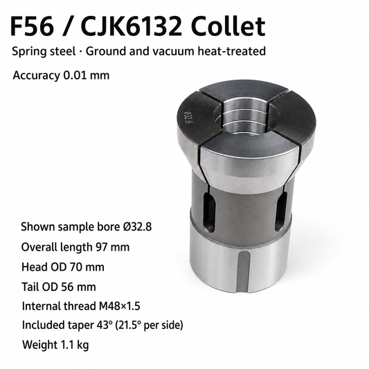 Цанга для токарного верстата F56, 1-25.8, CJK6132 — 3 затискні сектори, довжина 97 мм, Ø70/Ø56 мм, внутрішня різьба M48×1.5, повний кут конуса 43° (21.5° на сторону), точність 0.01 мм; зразок Ø32.8