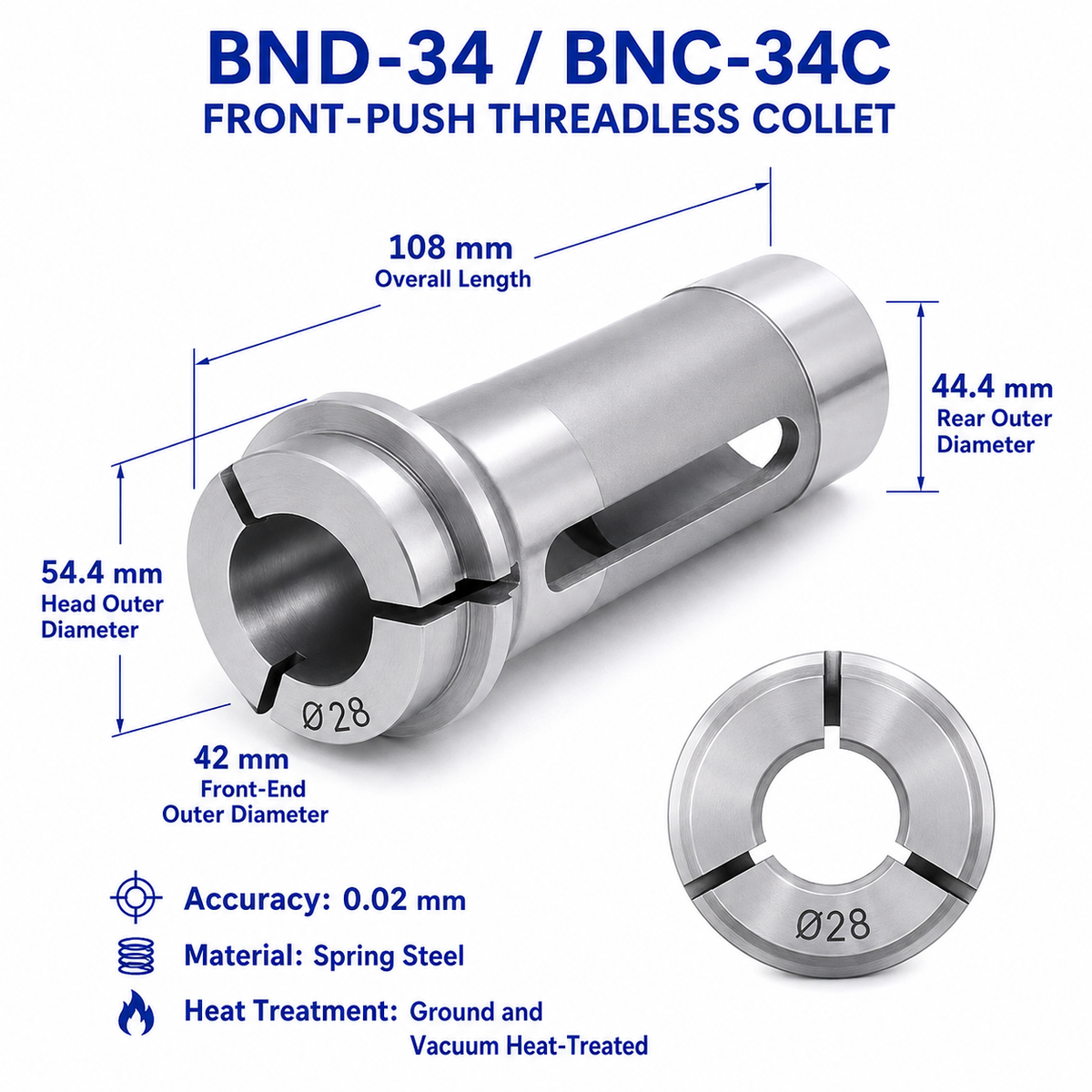 Цанга для токарного верстата BND-34, BNC-34C без різьби, переднього затиску — Цанга переднього затиску без різьби, довжина 108 мм, Ø54.4/Ø42/Ø44.4 мм, точність 0.02 мм