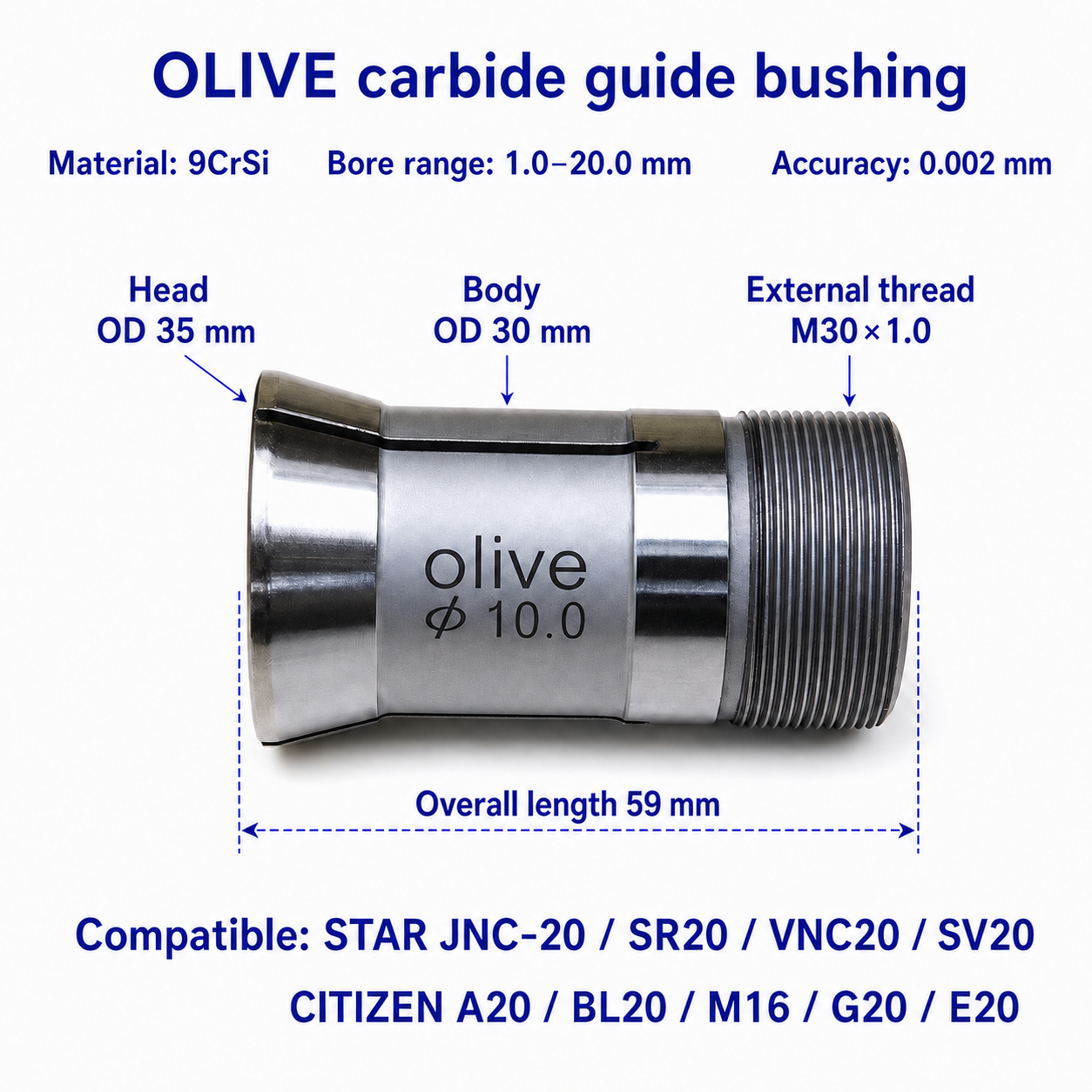 Напрямна втулка Olive M30×1.0 для STAR JNC-20/SR20 і Citizen A20 — 9CrSi; отвір 1–20 мм; точність 0,002 мм; довжина 59 мм; Ø35/30 мм; зовнішня різьба M30×1.0
