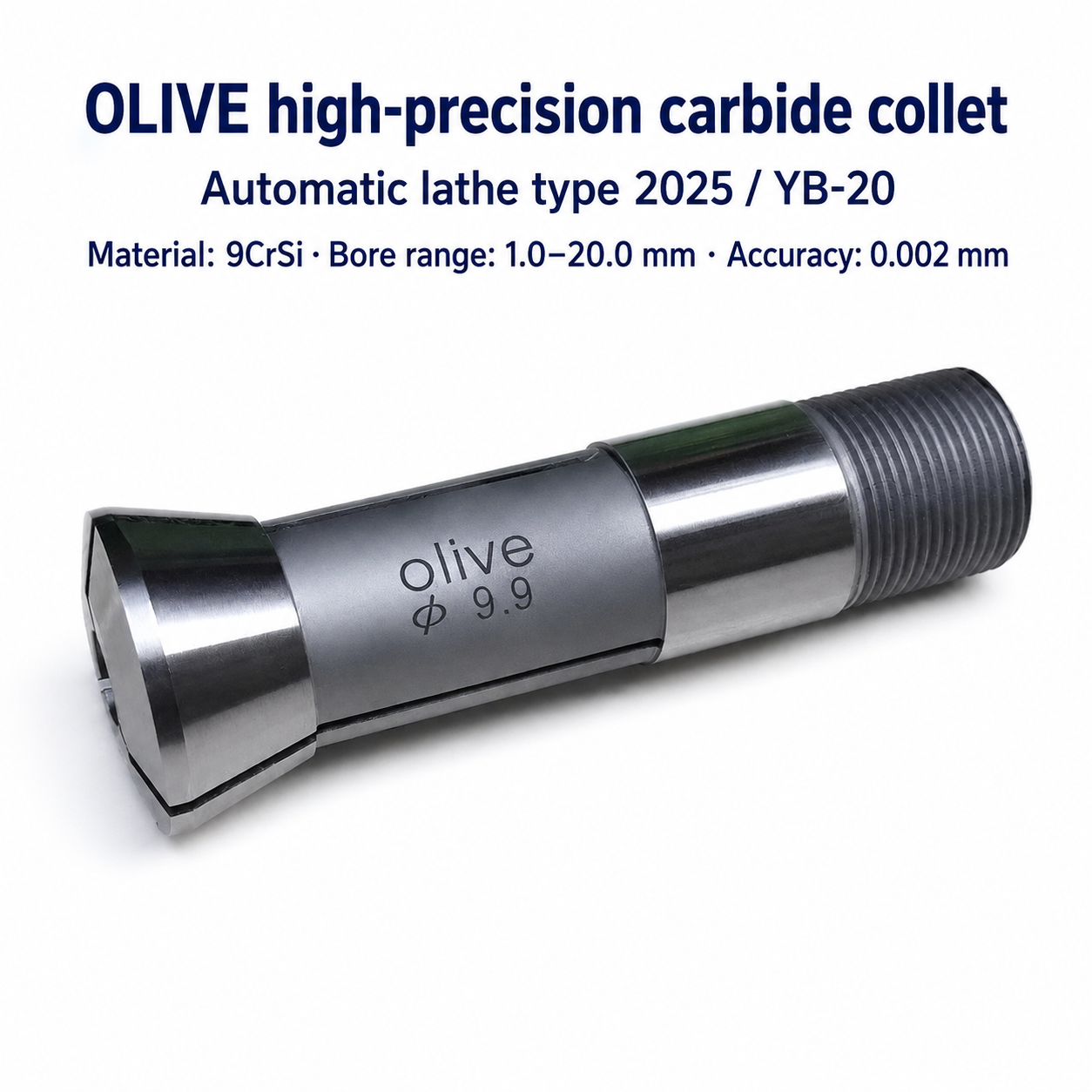 Твердосплавна цанга Olive 2025 / YB-20, 1–20 мм — Цанга Olive 2025 / YB-20; матеріал 9CrSi; отвір 1–20 мм; точність 0,002 мм