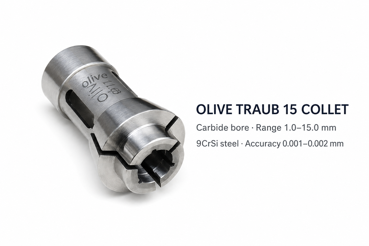 Цанга OLIVE TRAUB 15 із твердосплавним отвором, 1–15 мм — цанга OLIVE TRAUB 15 із твердосплавним отвором 1–15 мм, сталь 9CrSi, точність 0.001–0.002 мм