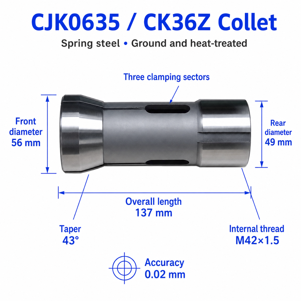 Цанга для токарного верстата CJK0635, CK36Z, 620625640 — 3 затискні сектори, довжина 137 мм, Ø49/Ø56 мм, внутрішня різьба M42×1.5, конус 43°, точність 0.02 мм