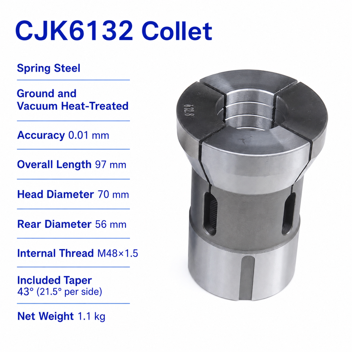 Цанга для токарного верстата F56, 26-42, CJK6132 — CJK6132: довжина 97 мм, Ø70/Ø56 мм, внутрішня різьба M48×1.5, конус 43°, точність 0.01 мм