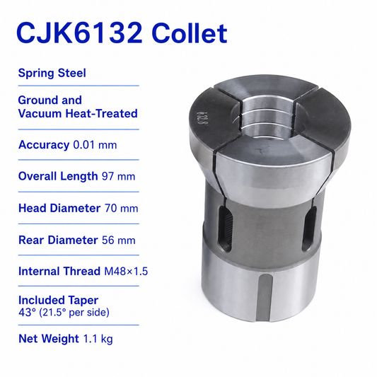 Цанга для токарного верстата F56, 26-42, CJK6132 — CJK6132: довжина 97 мм, Ø70/Ø56 мм, внутрішня різьба M48×1.5, конус 43°, точність 0.01 мм