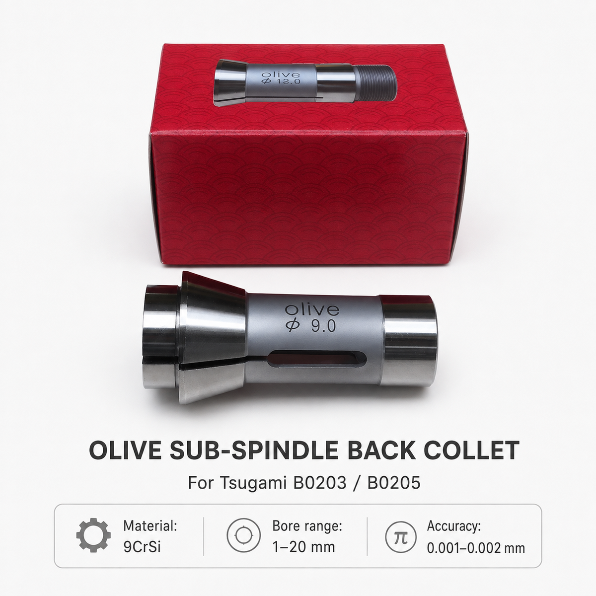 Задня цанга субшпинделя Olive для Tsugami B0203 / B0205 — Сталь 9CrSi, діапазон отворів 1–20 мм, точність 0,001–0,002 мм; на фото Ø9 мм