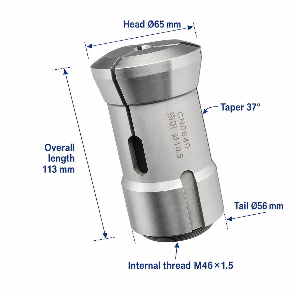 Цанга для токарного верстата F56-2-22, CN0640 — 113 мм, Ø65/Ø56 мм, внутрішня різьба M46×1.5, конус 37°, точність 0.02 мм, маса 1.2 кг