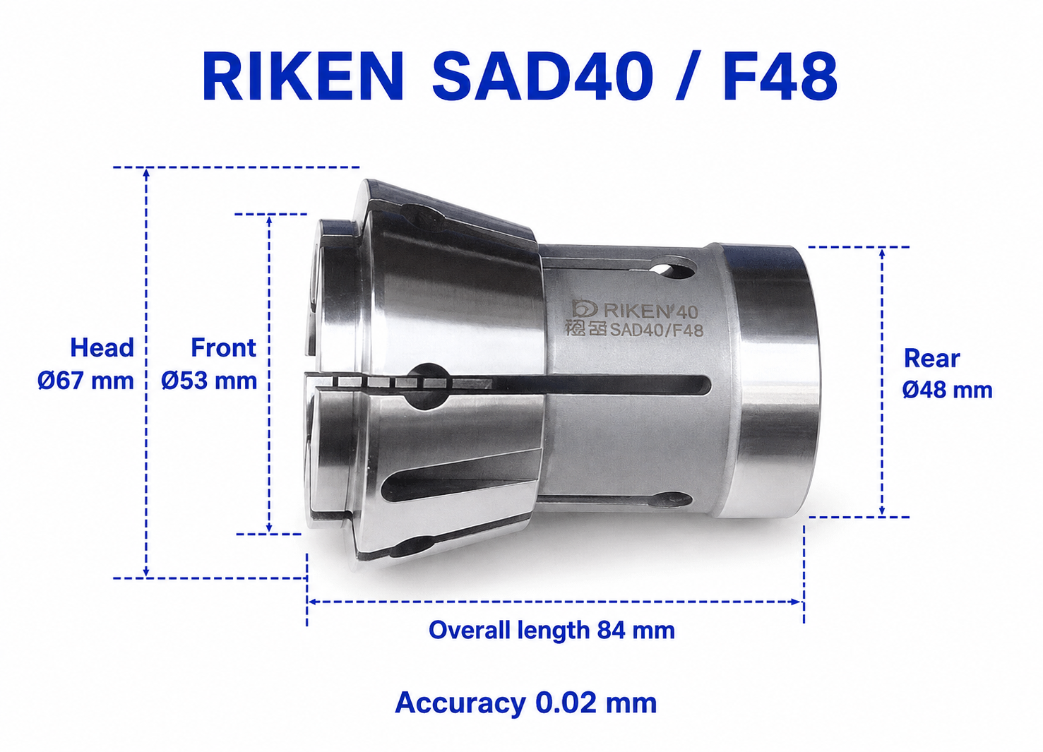 Цанга RIKEN SAD40 / F48 переднього затиску — довжина 84 мм, головка Ø67 мм, передня частина Ø53 мм, задня частина Ø48 мм, точність 0.02 мм