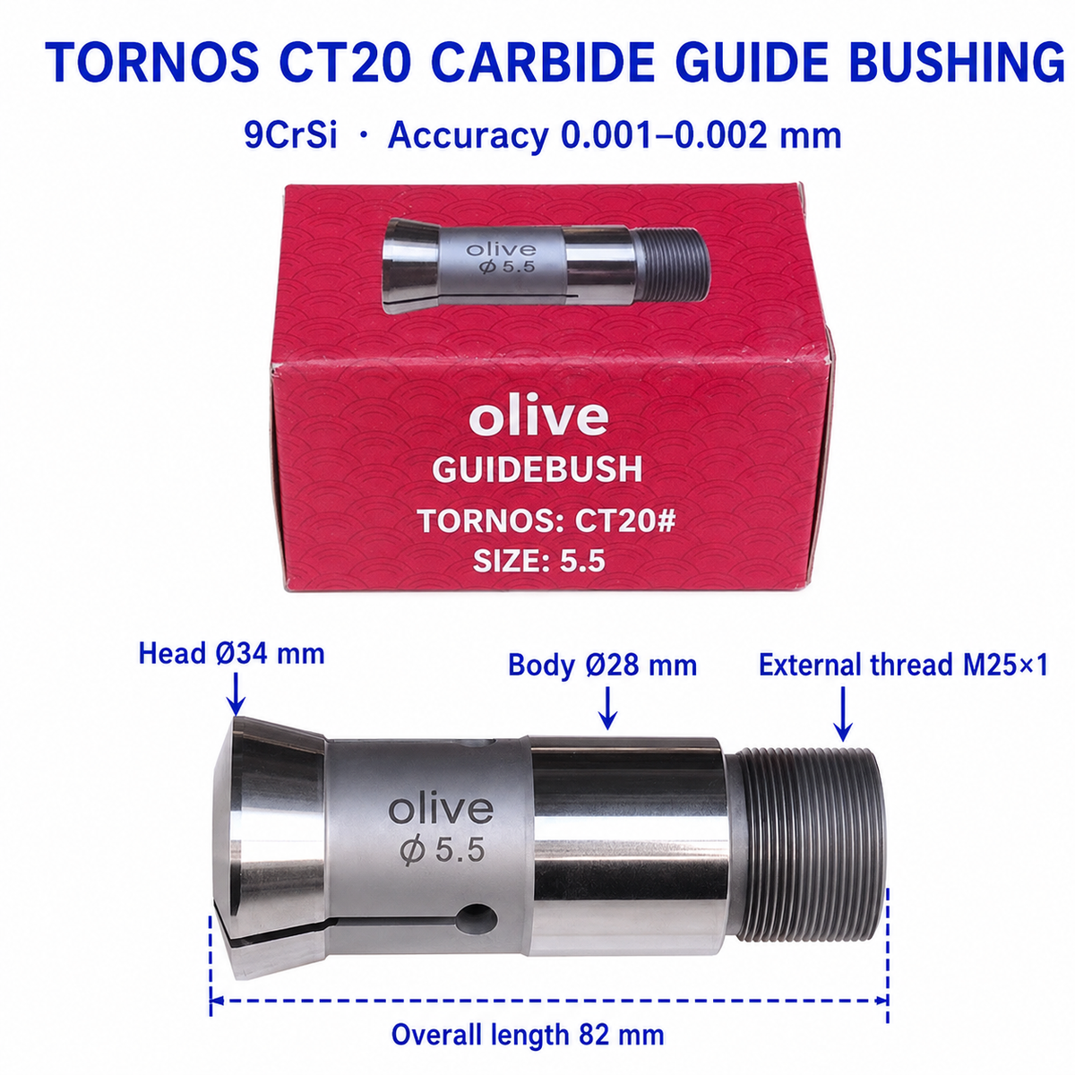 Твердосплавна напрямна втулка Tornos CT20 — L82, Ø34/28 мм, зовнішня різьба M25×1