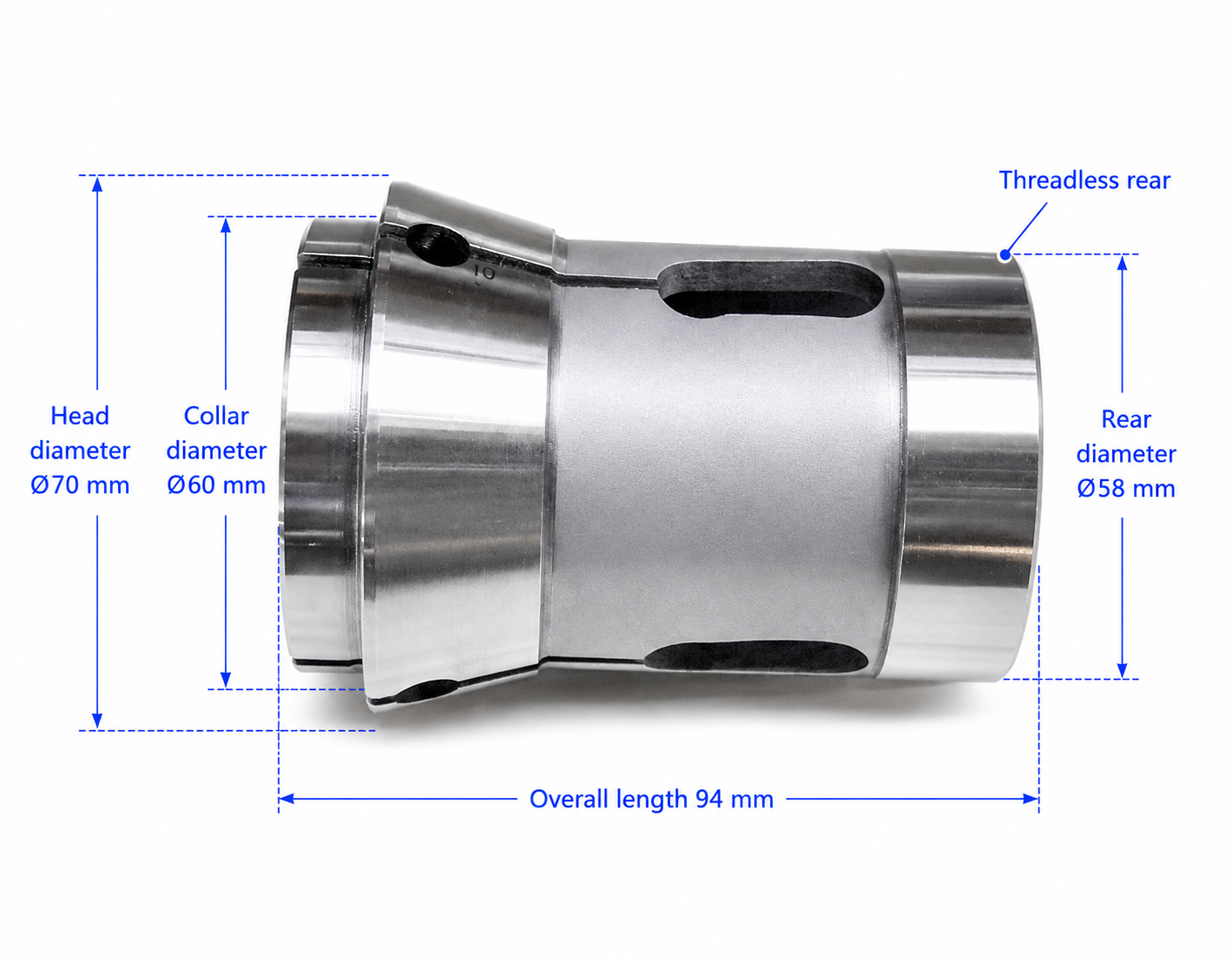 Цанга F58 / 177E / CL52-6A переднього затиску, Ø3–25.8 мм — F58 / 177E / CL52-6A: діапазон отвору Ø3–25.8 мм, довжина 94 мм, головка Ø70 мм, буртик Ø60 мм, задня частина Ø58 мм, без різьби, точність 0.02 мм