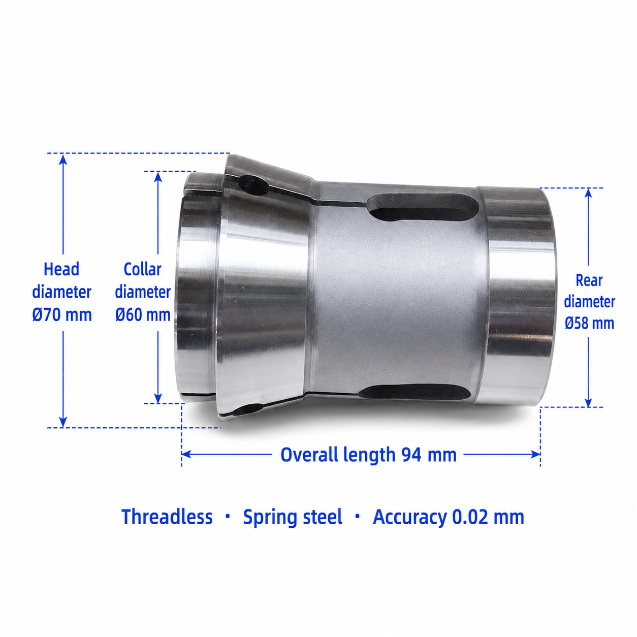 Цанга F58 / 177E / CL52-6A переднього затиску, Ø26–51.5 мм — довжина 94 мм, головка Ø70 мм, буртик Ø60 мм, задня частина Ø58 мм, без різьби, точність 0.02 мм
