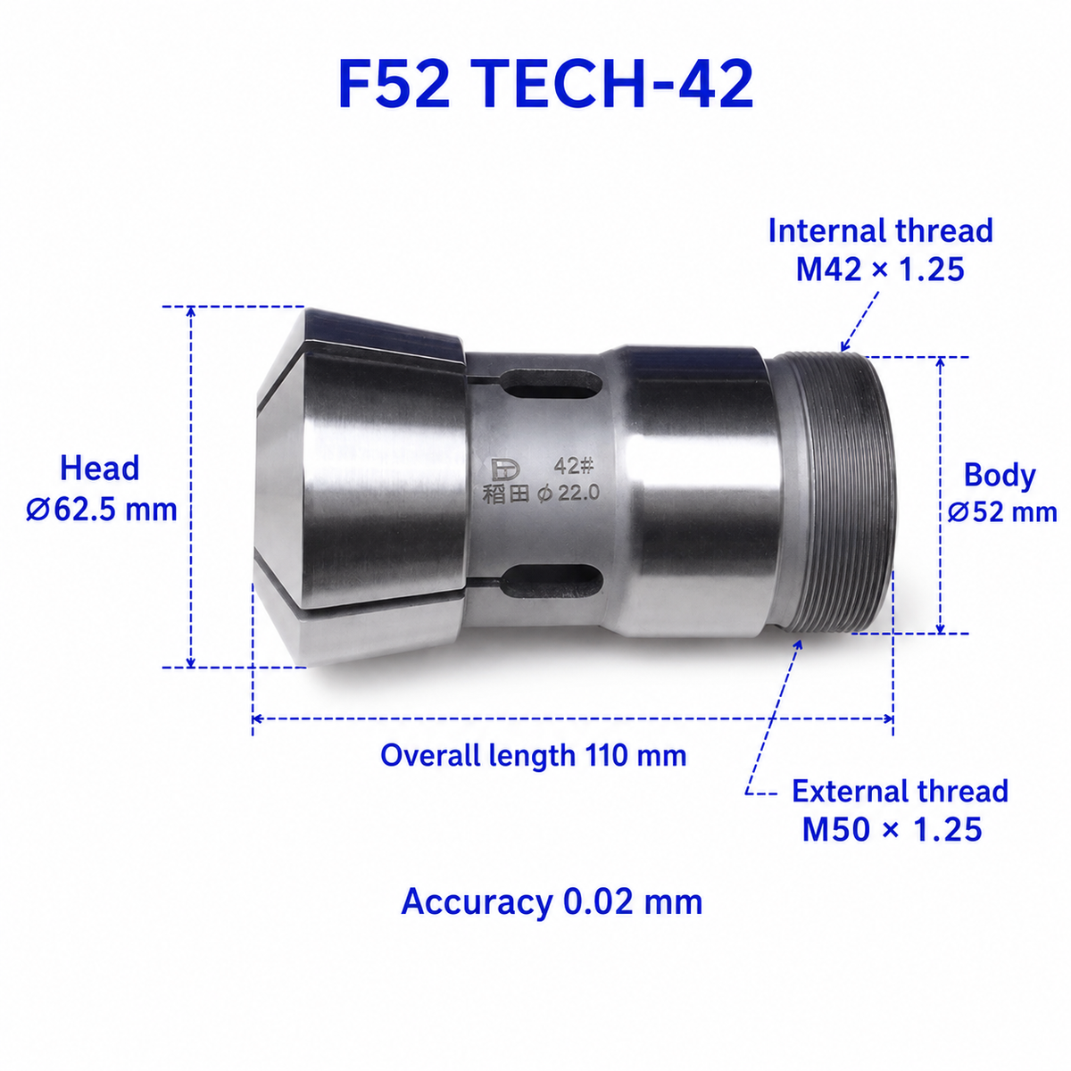 Цанга F52 TECH-42 для токарного верстата — довжина 110 мм, головка Ø62.5 мм, корпус Ø52 мм, зовнішня різьба M50 × 1.25, внутрішня різьба M42 × 1.25, точність 0.02 мм