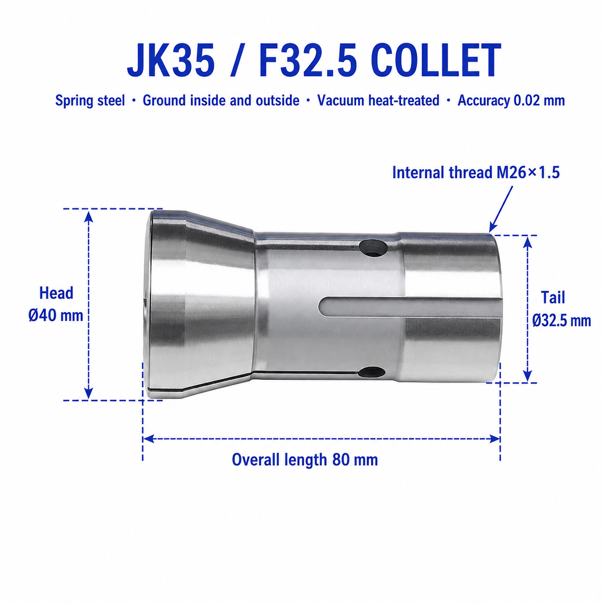 Цанга для токарного верстата F32.5, JK35 — 80 мм, Ø40/Ø32.5 мм, внутрішня різьба M26×1.5, точність 0.02 мм