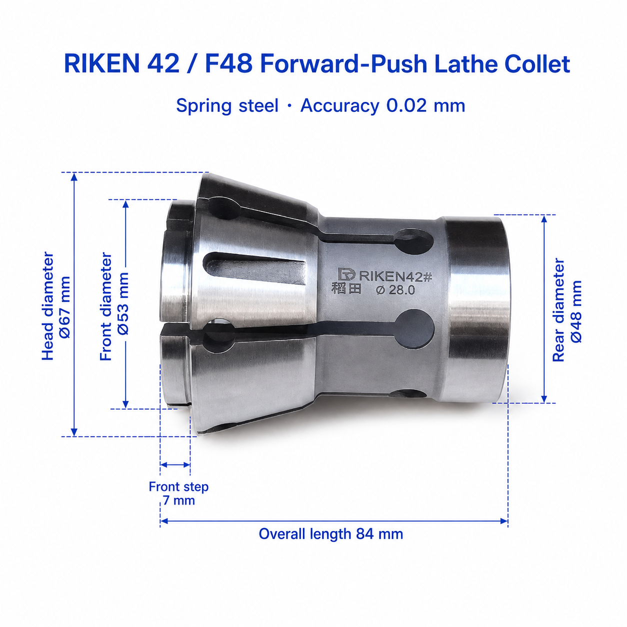 Цанга RIKEN 42 / F48 переднього затиску — довжина 84 мм, головка Ø67 мм, передня частина Ø53 мм, задня частина Ø48 мм, передній уступ 7 мм, точність 0.02 мм