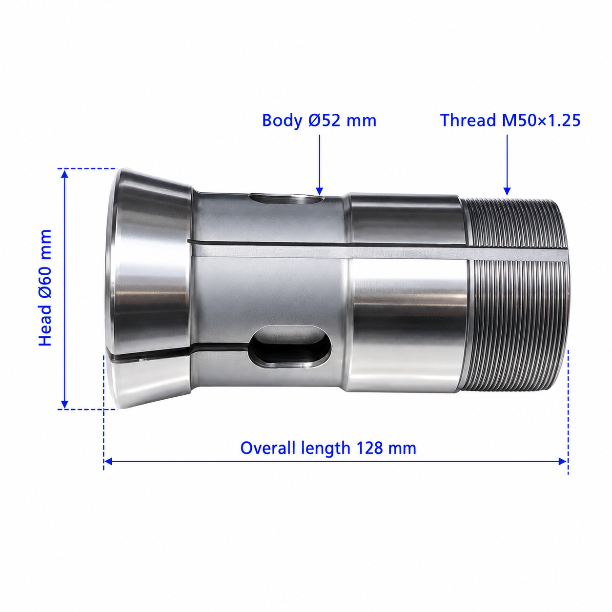 Цанга F52/тип 45 із зовнішньою різьбою M50×1,25 — головка Ø60 мм, корпус Ø52 мм, довжина 128 мм, точність 0,02 мм