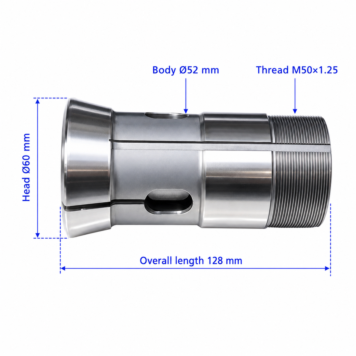 Цанга F52/тип 45 із зовнішньою різьбою M50×1,25 — головка Ø60 мм, корпус Ø52 мм, довжина 128 мм, точність 0,02 мм