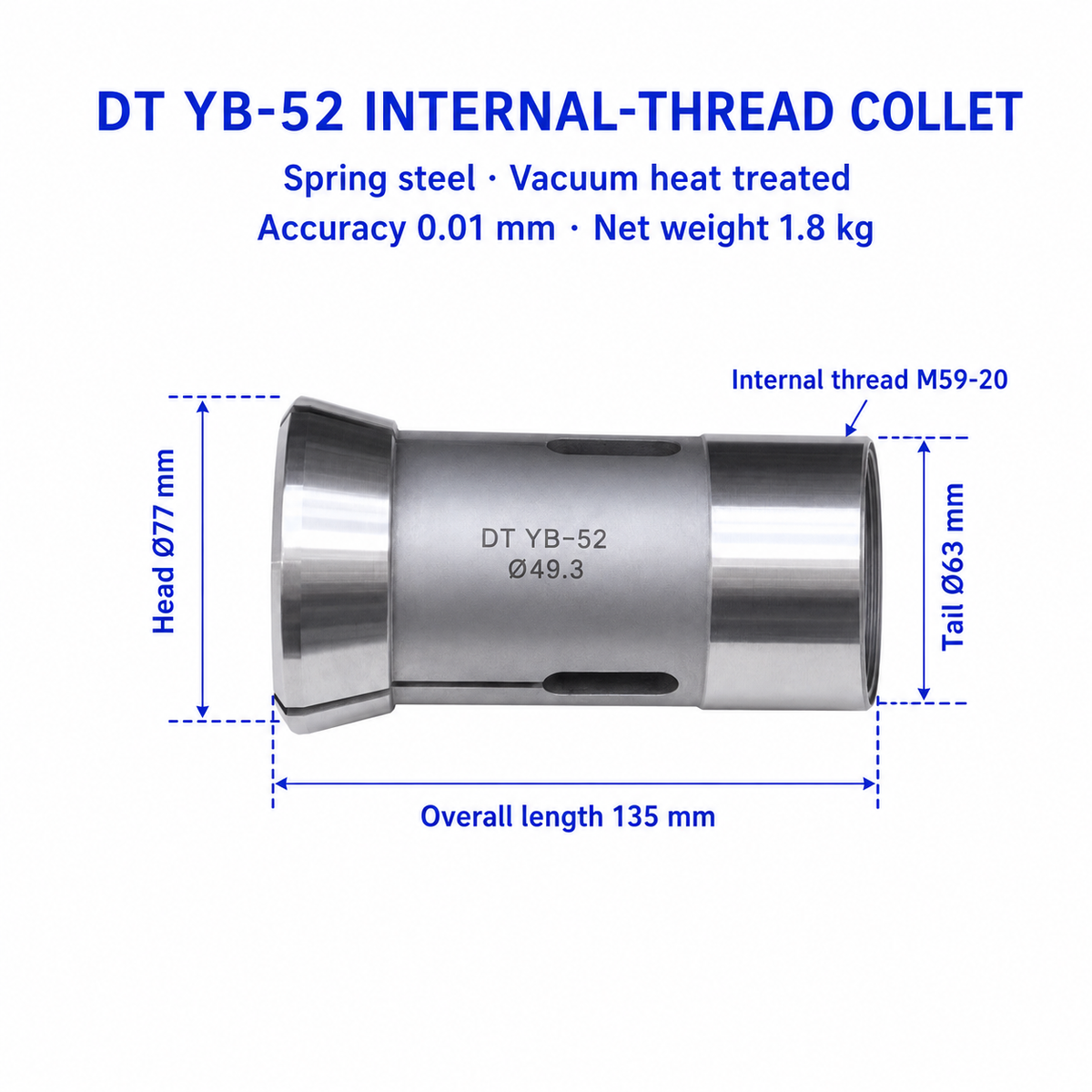 Внутрішньорізьбова цанга DT YB-52 — L135, Ø77/63 мм, внутрішня різьба M59-20