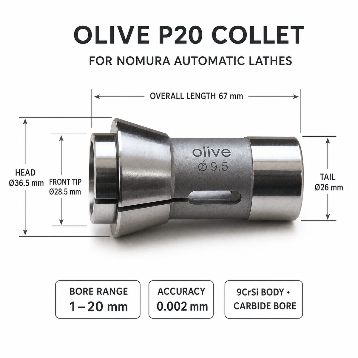 Цанга Olive P20 для автоматів Nomura, Ø1–20 мм — L67 мм, головка Ø36,5/28,5 мм, хвіст Ø26 мм, отвір Ø1–20 мм, точність 0,002 мм