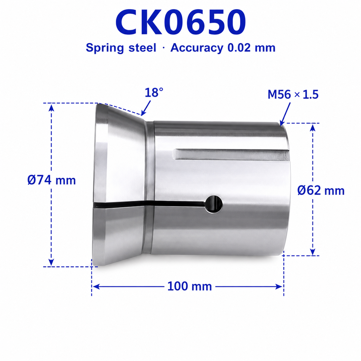 Цанга CK0650 із внутрішньою різьбою M56×1,5 — довжина 100 мм, головка Ø74 мм, задня частина Ø62 мм, кут 18°, внутрішня різьба M56×1,5, точність 0,02 мм