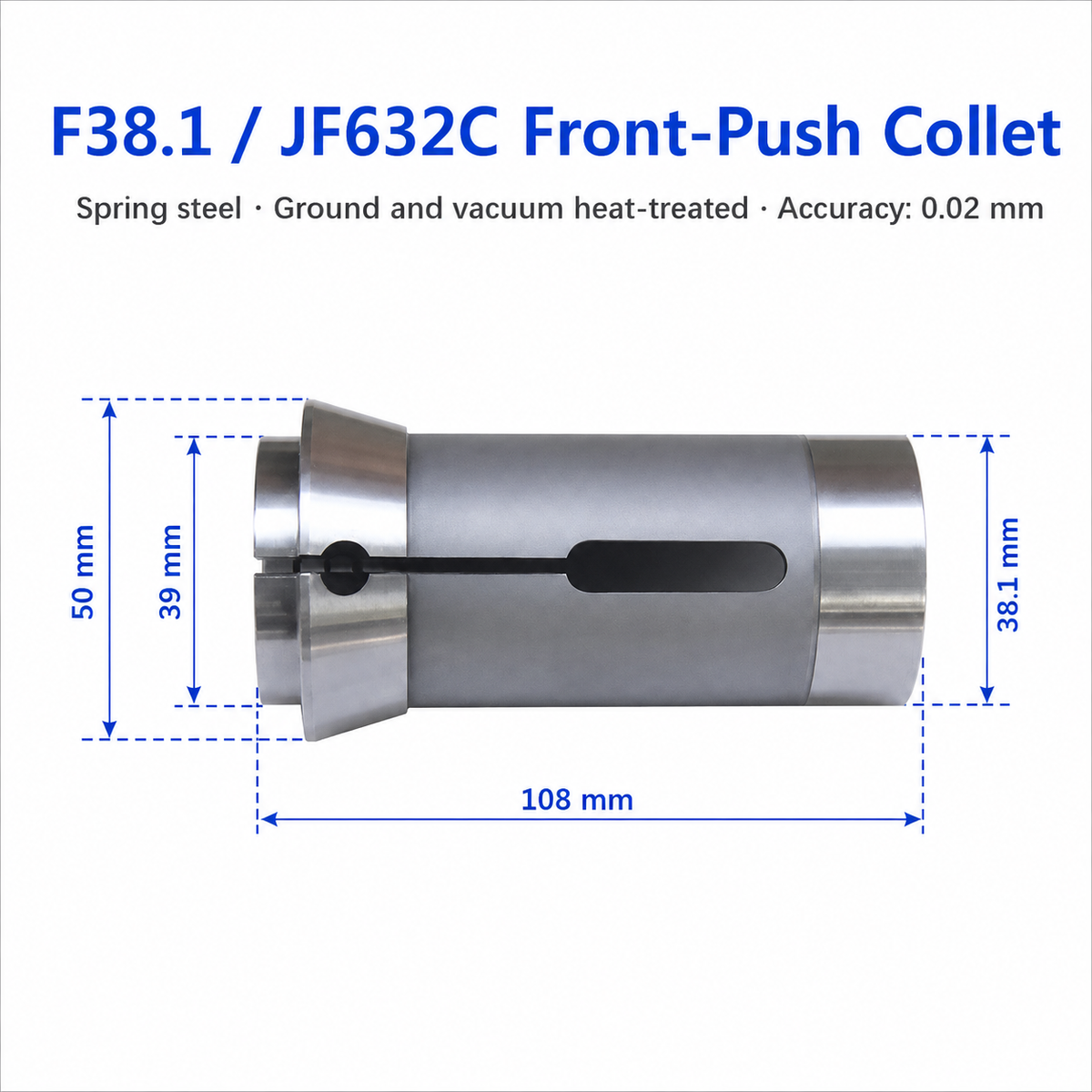 Цанга для токарного верстата F38.1, JF632C без різьби, переднього затиску Ø1–33 мм — 3 затискні сектори, довжина 108 мм, Ø50/Ø39/Ø38.1 мм, передній затиск без різьби, точність 0.02 мм