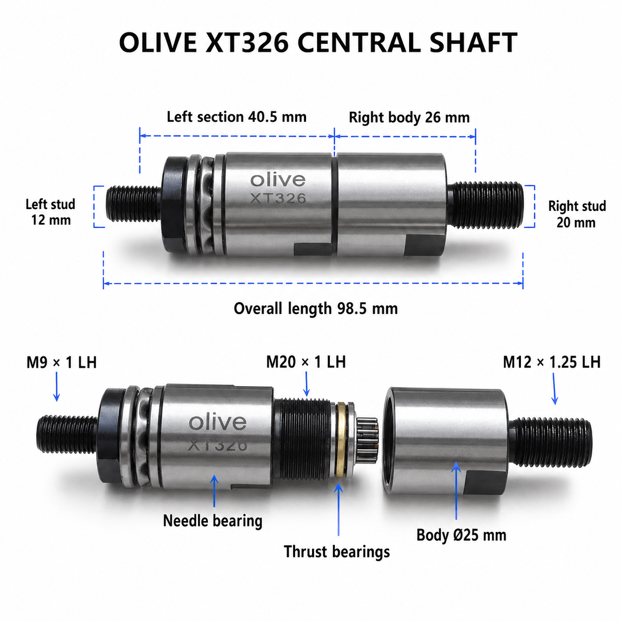 Центральний вал подавача прутка OLIVE XT326, тип 25 — довжина 98.5 мм, корпус Ø25 мм, ліва різьба M9 × 1, M20 × 1 та M12 × 1.25, голчастий і упорні підшипники