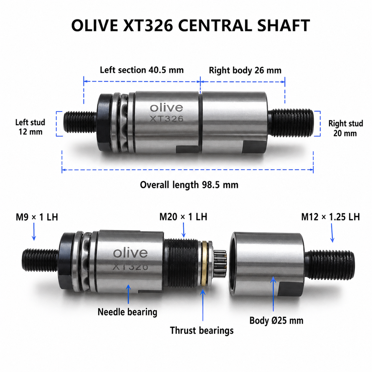 Центральний вал подавача прутка OLIVE XT326, тип 25 — довжина 98.5 мм, корпус Ø25 мм, ліва різьба M9 × 1, M20 × 1 та M12 × 1.25, голчастий і упорні підшипники