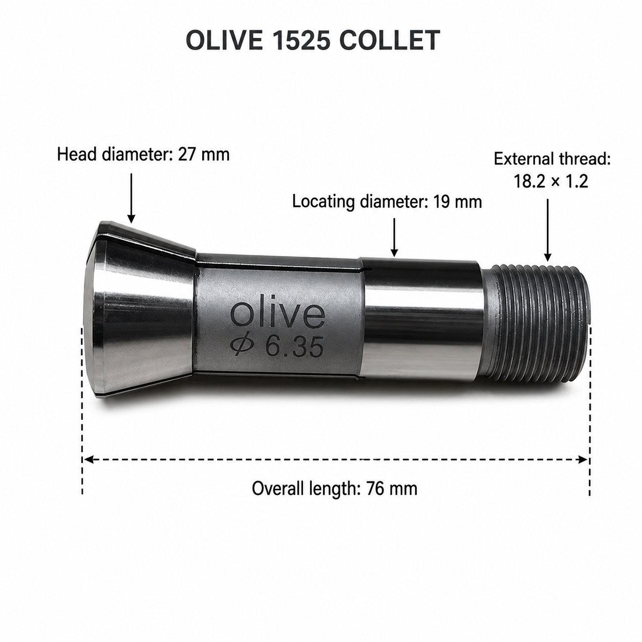Цанга Olive 1525 для автоматичних токарних верстатів — Головка Ø27 мм, посадковий діаметр Ø19 мм, зовнішня різьба 18,2 × 1,2, загальна довжина 76 мм