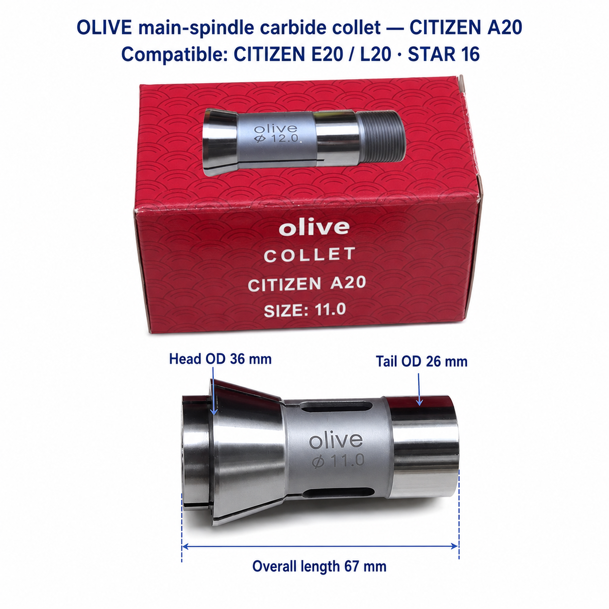 Шпиндельна цанга Olive для Citizen A20/E20/L20 та STAR 16, 3,4–5,7 мм — Габарити: загальна довжина 67 мм, діаметр головки 36 мм, передньої частини 28 мм, хвостовика 26 мм; точність 0,002 мм
