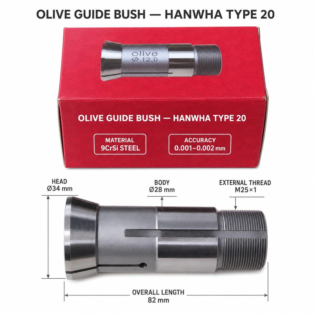 Твердосплавна напрямна втулка Olive Hanwha тип 20 — L82 мм, Ø34/28 мм, M25×1, точність 0,001–0,002 мм