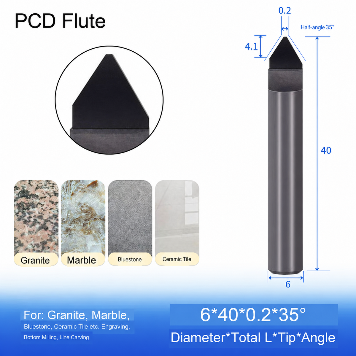 PCD-резцы шестигранные и однозубые для гравировки камня