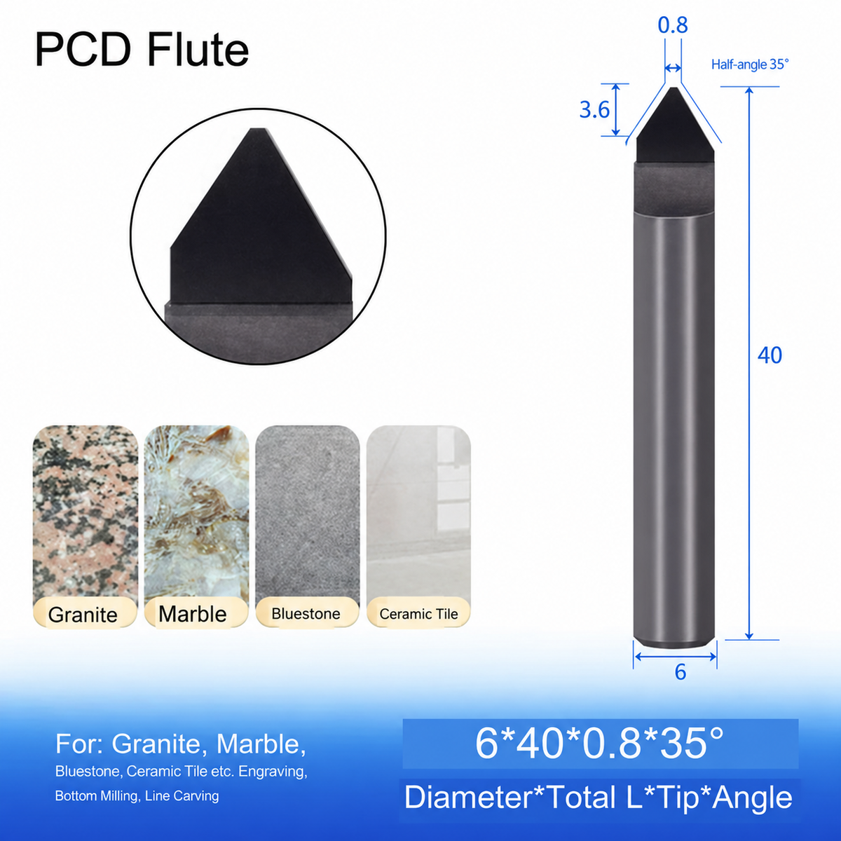 PCD-резцы шестигранные и однозубые для гравировки камня