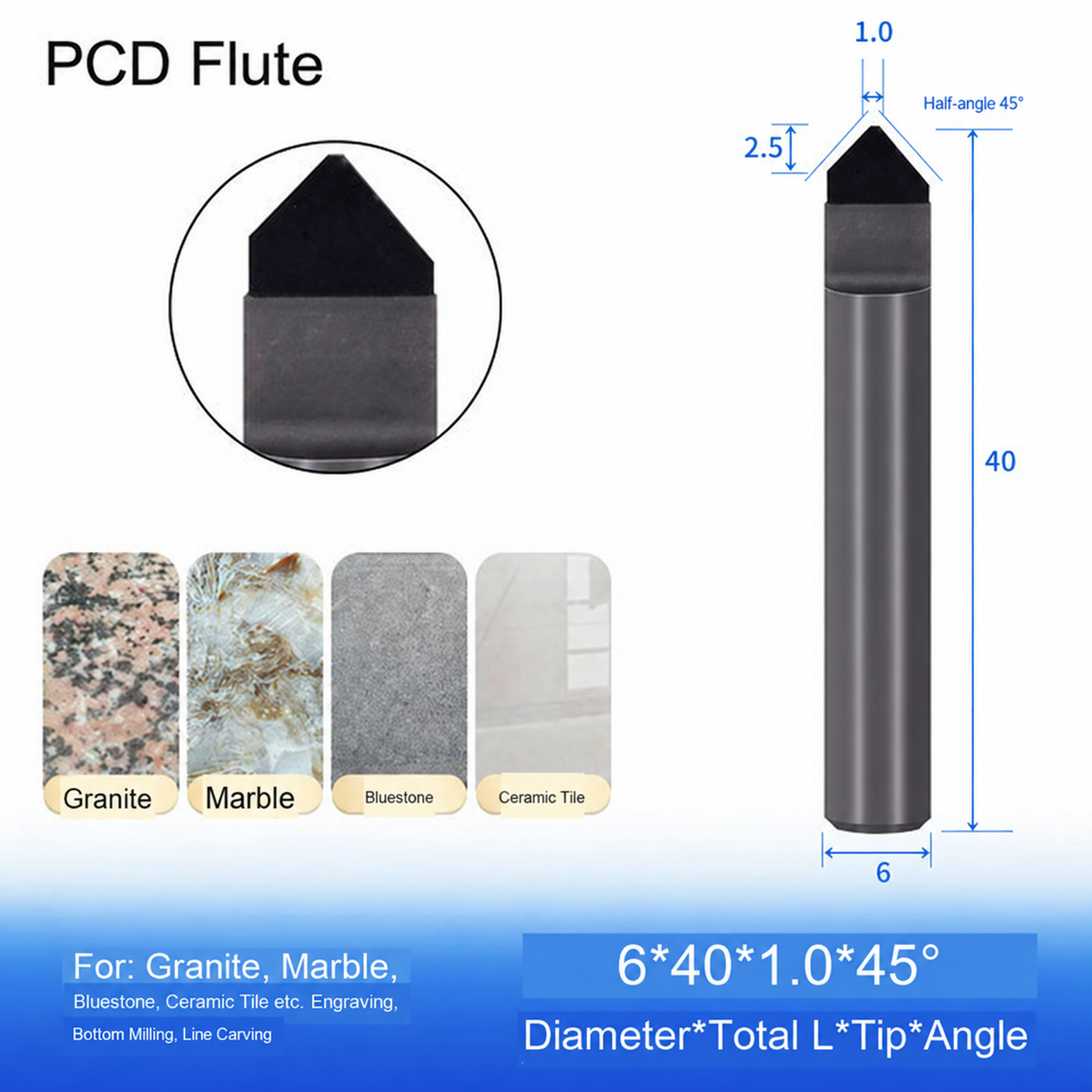 PCD-резцы шестигранные и однозубые для гравировки камня