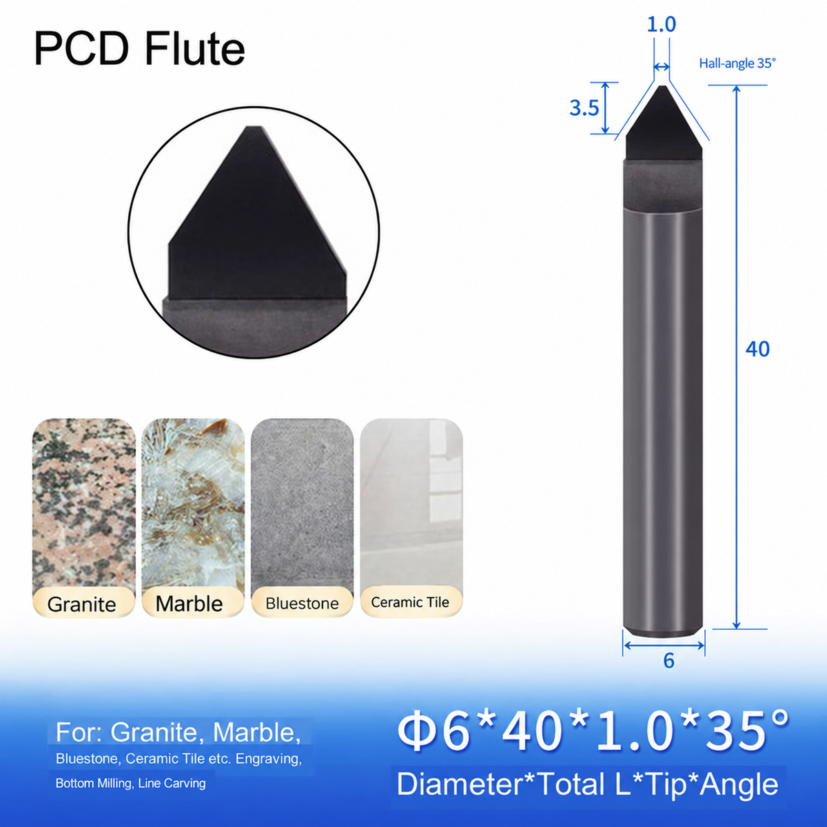 PCD-резцы шестигранные и однозубые для гравировки камня